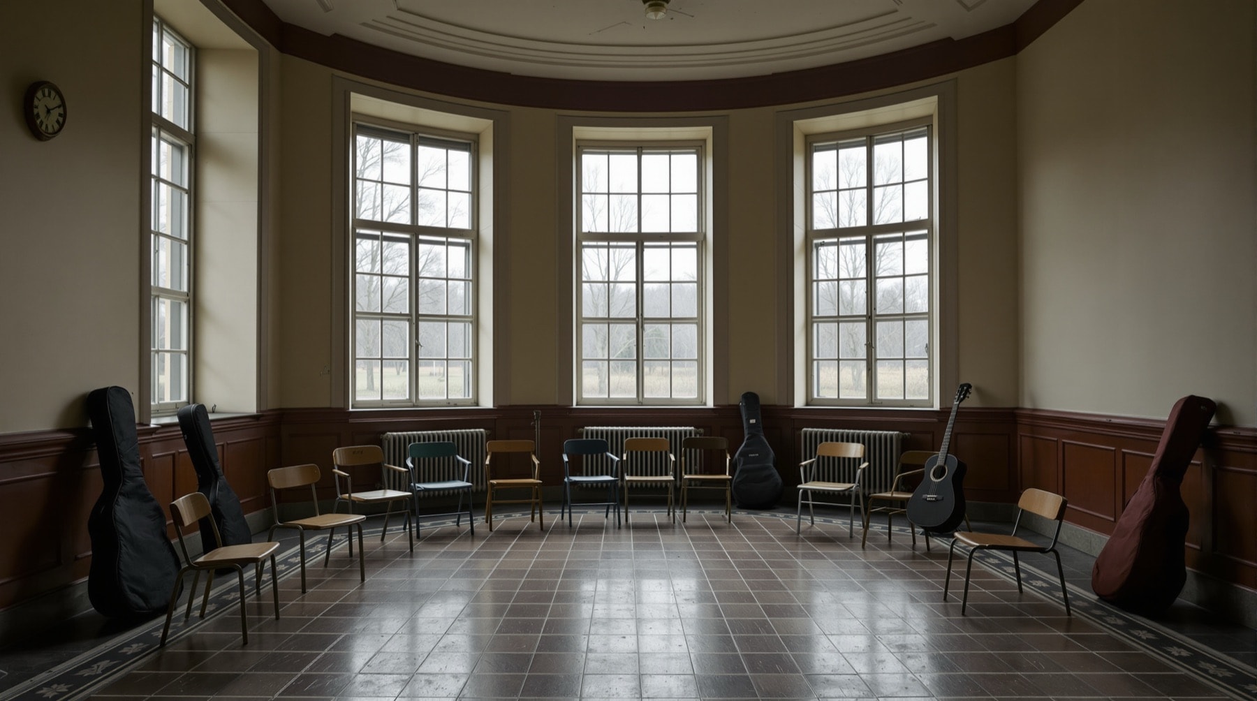 An empty university room arranged in a semicircle of chairs with guitar cases against the wall