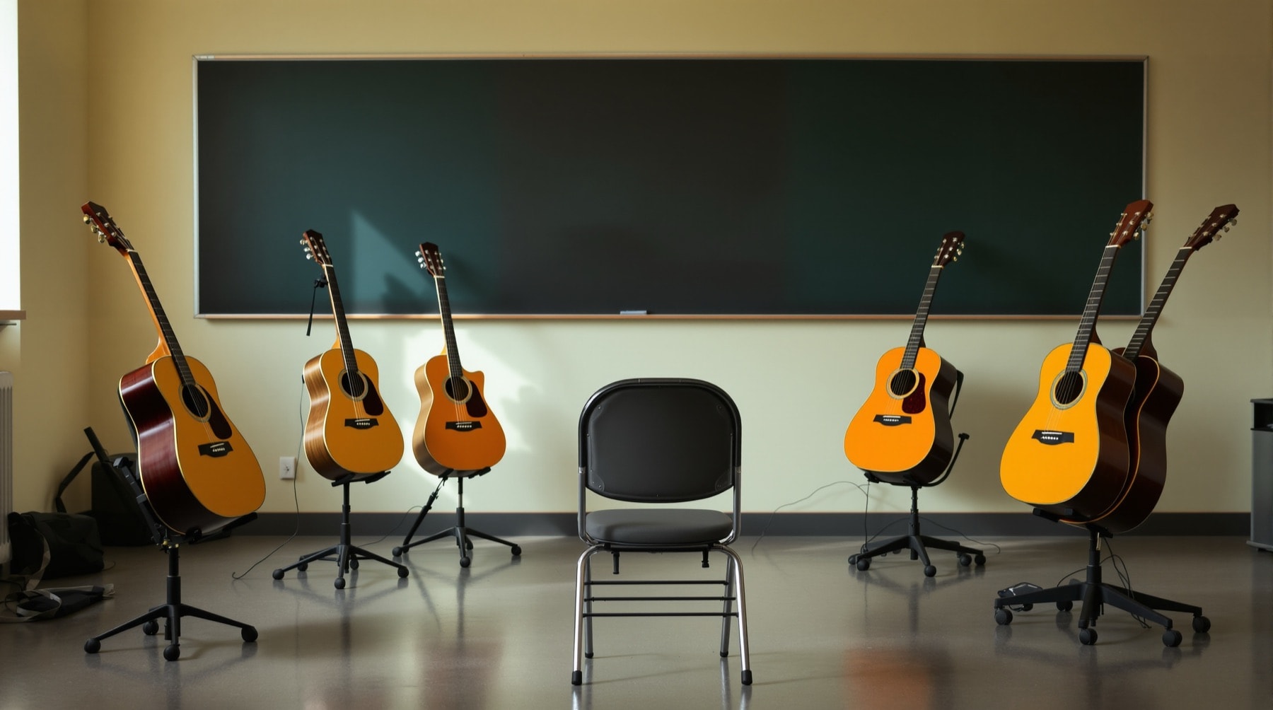Guitars on stands arranged in a semicircle facing a teacher's chair and music stand