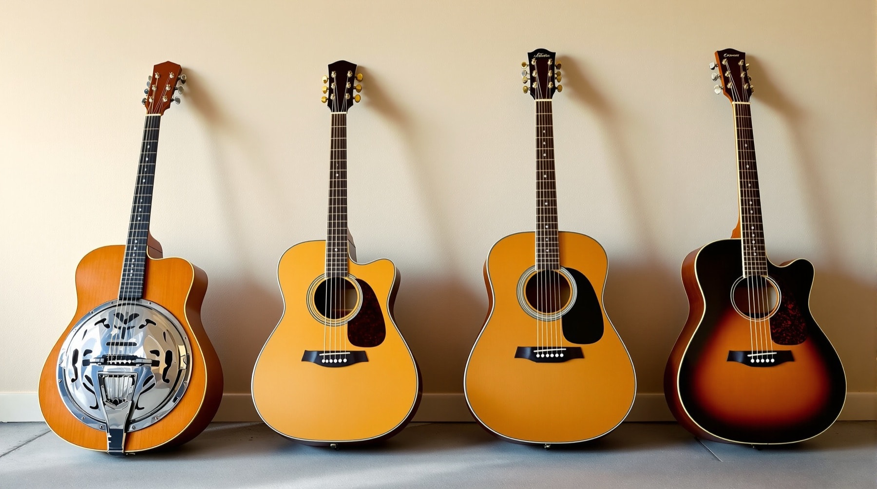 Four different acoustic guitars leaning against a wall: resonator, parlour, dreadnought and archtop