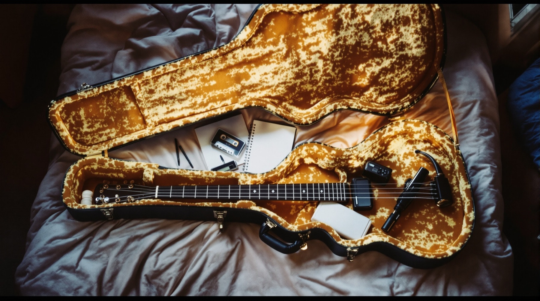 An open guitar case with a slide, capo, notebook and cassette recorder laid out inside