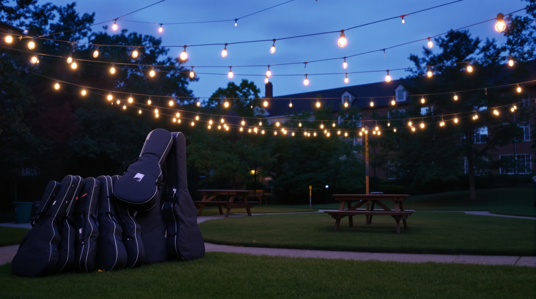 Guitar cases stacked beside a picnic bench in a campus courtyard at dusk