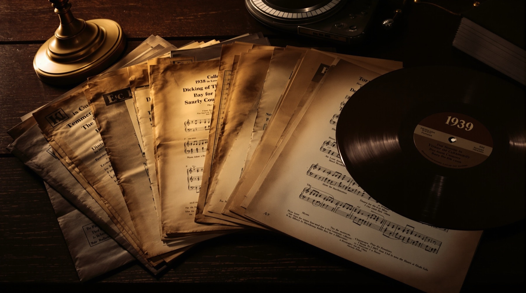 Worn record sleeves and sheet music fanned out on a dark table beside a brass slide