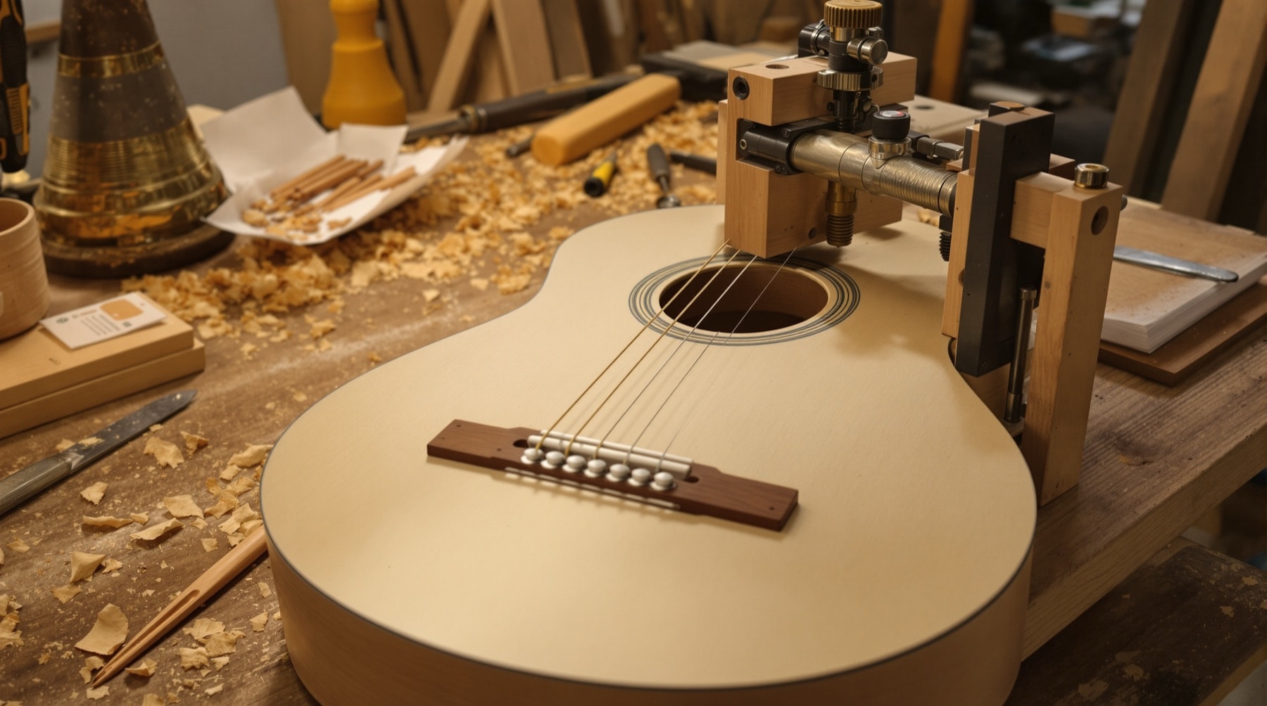 A luthier's workbench with hand tools, string packets and an unfinished guitar top