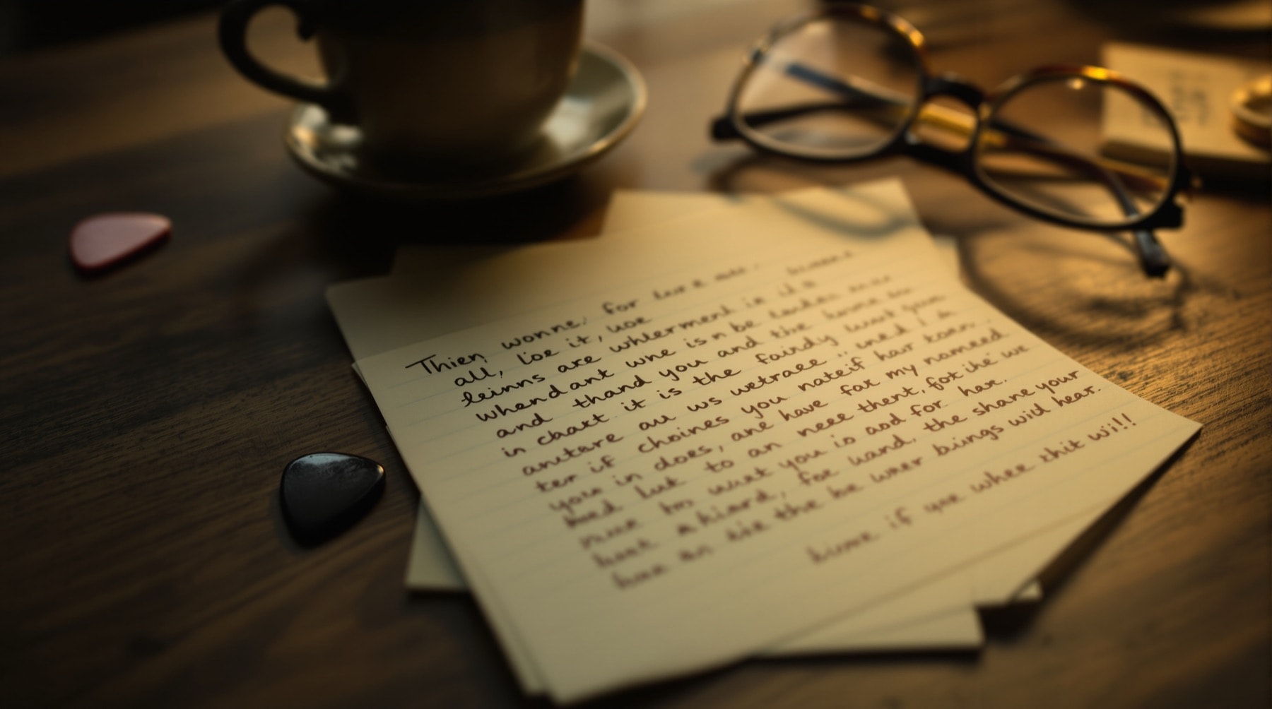 A handwritten letter on a wooden table beside a guitar pick and reading glasses