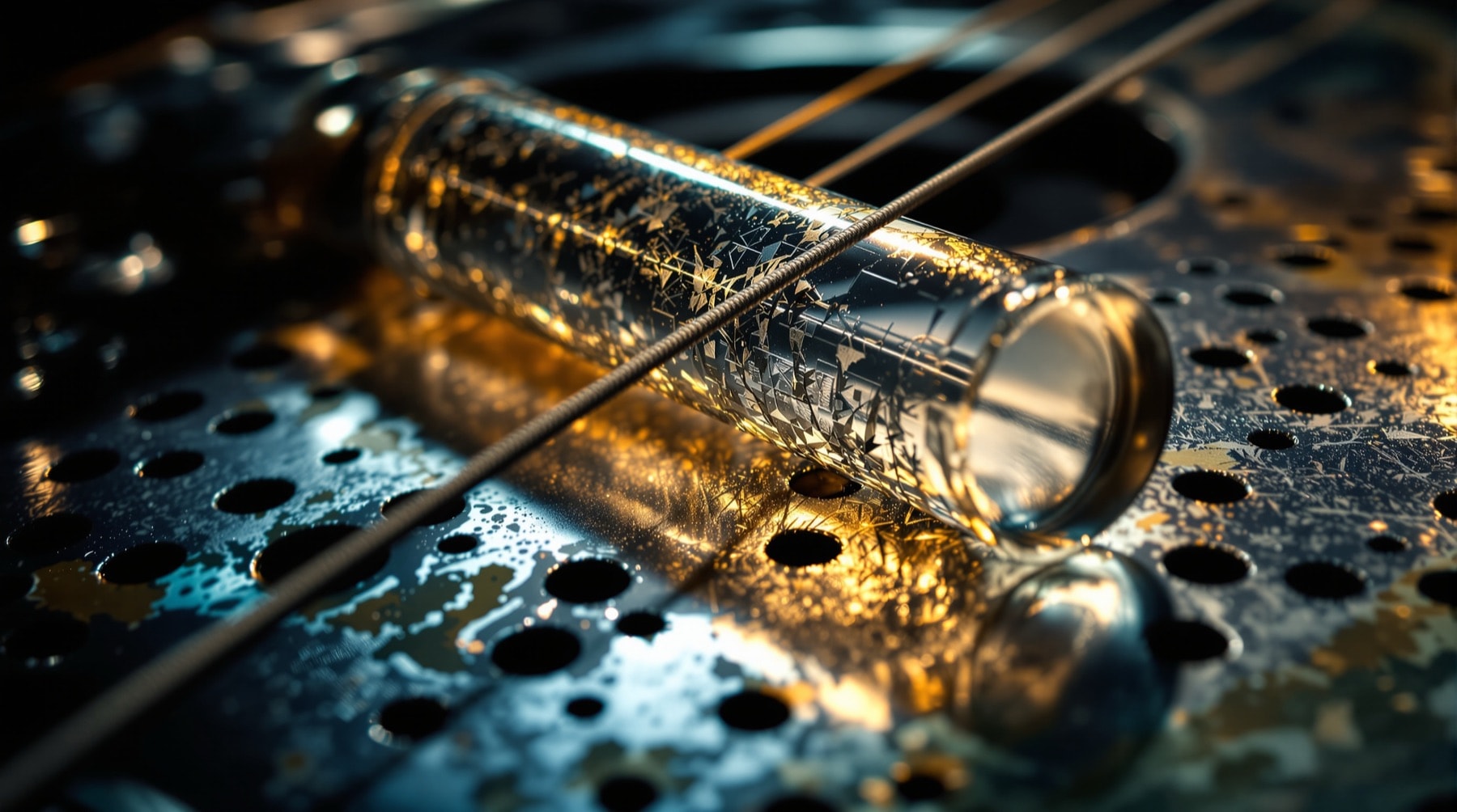 A glass bottleneck slide resting on the strings of a steel-bodied resonator guitar